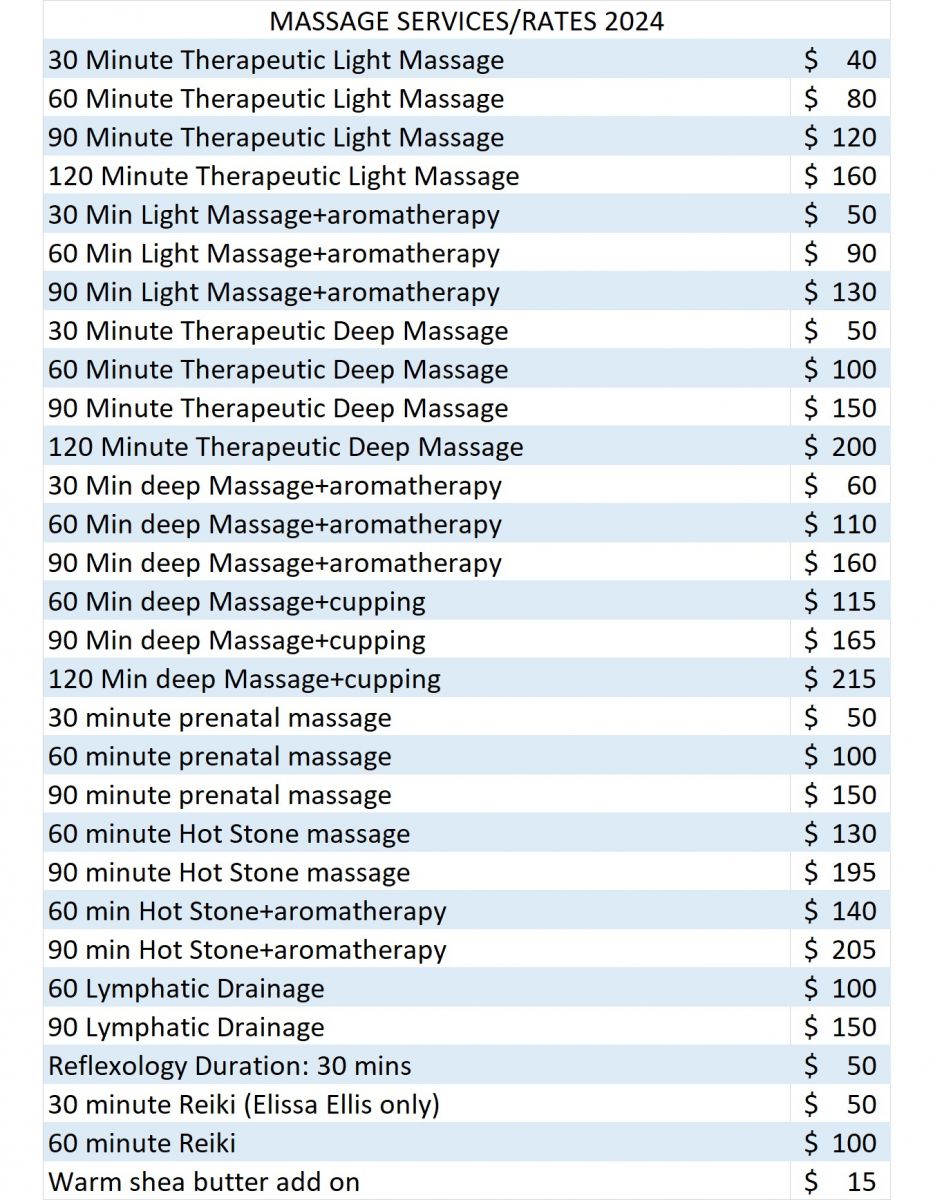 2024 Massage Services and Rates